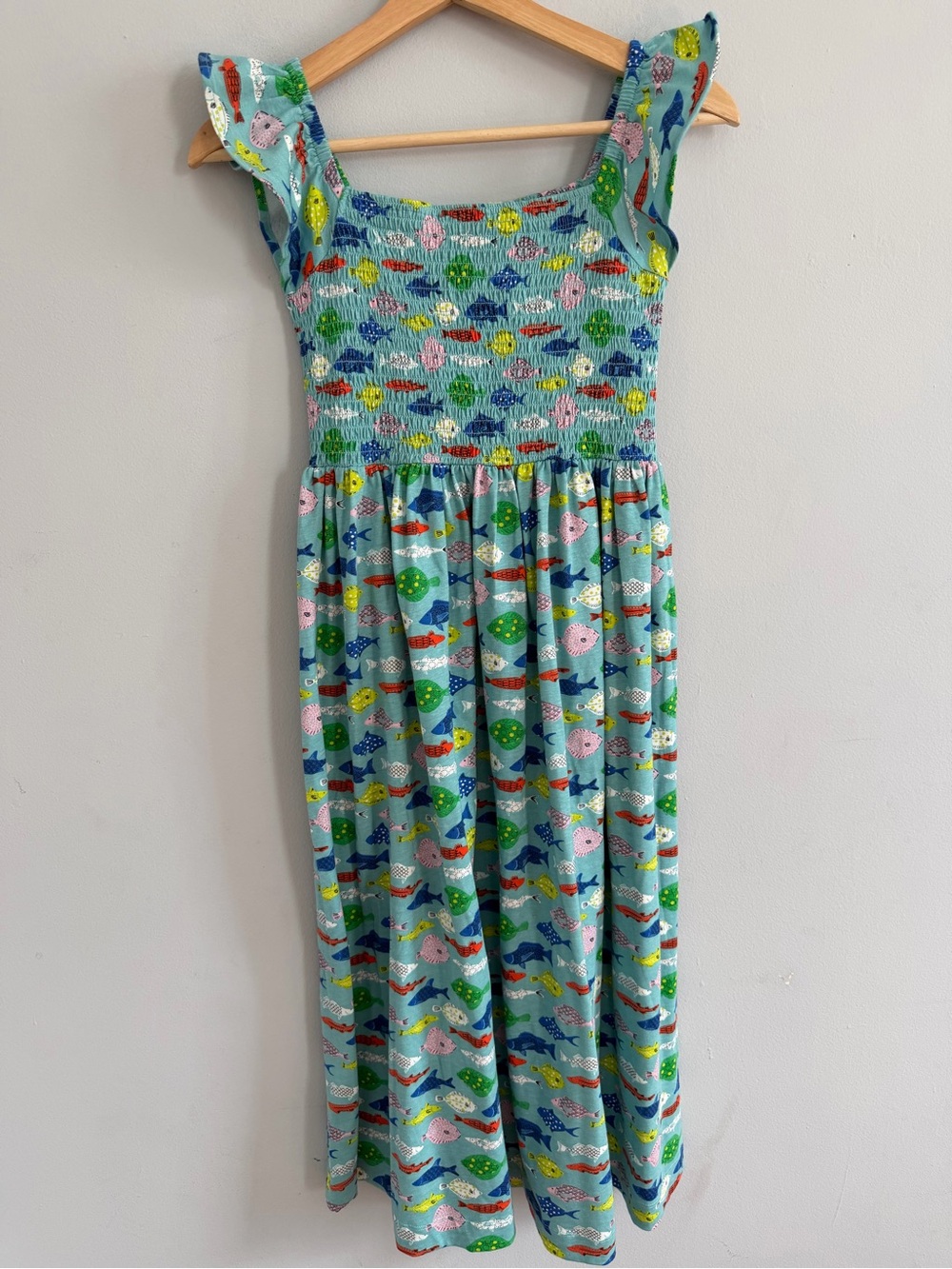 Mini Boden Blue Sea Life Fish Print Shirred Jersey Midi Dress 11-12